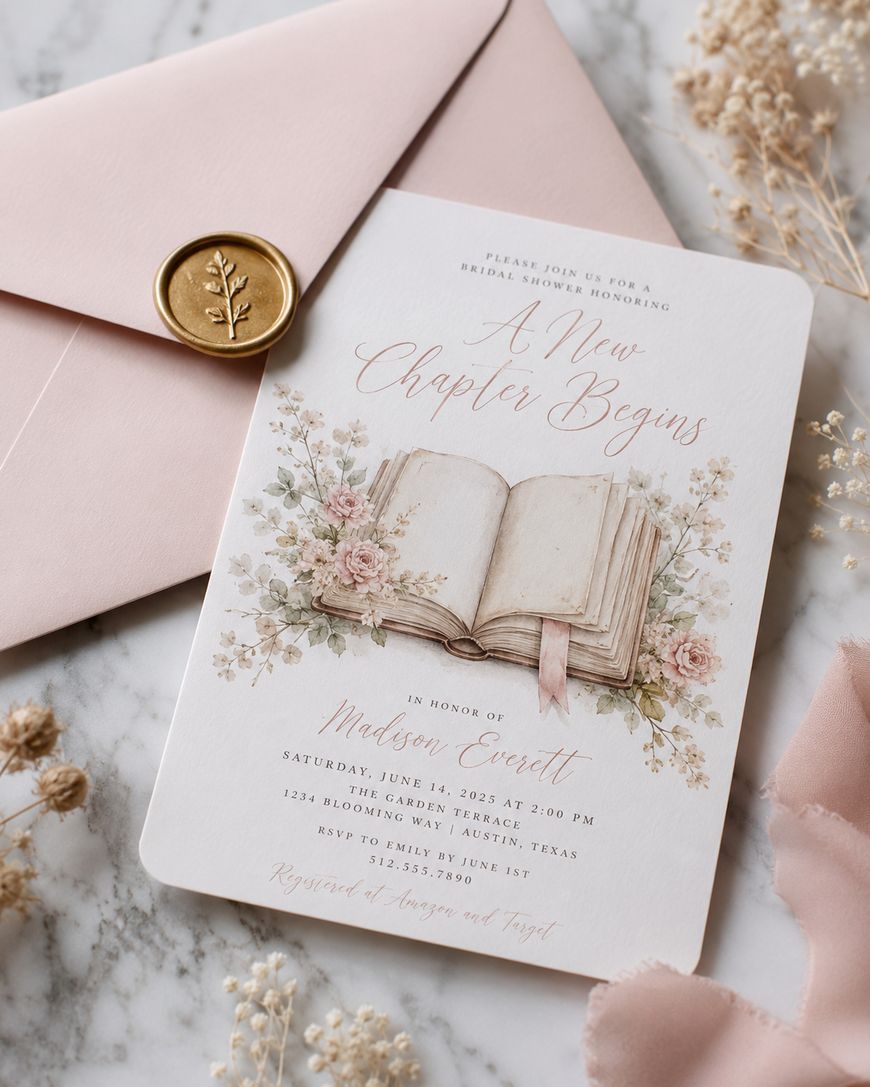 A bridal shower invitation with floral artwork featuring an open book and pink flowers, placed on a marble surface next to a blush pink envelope sealed with a gold wax stamp and some light pink fabric.