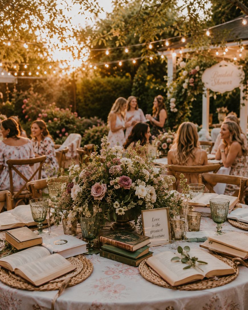 An outdoor table set for a gathering at sunset, decorated with vintage books, floral centerpieces, glassware, and a card reading Love is the greatest adventure. People mingle in the background under string lights.