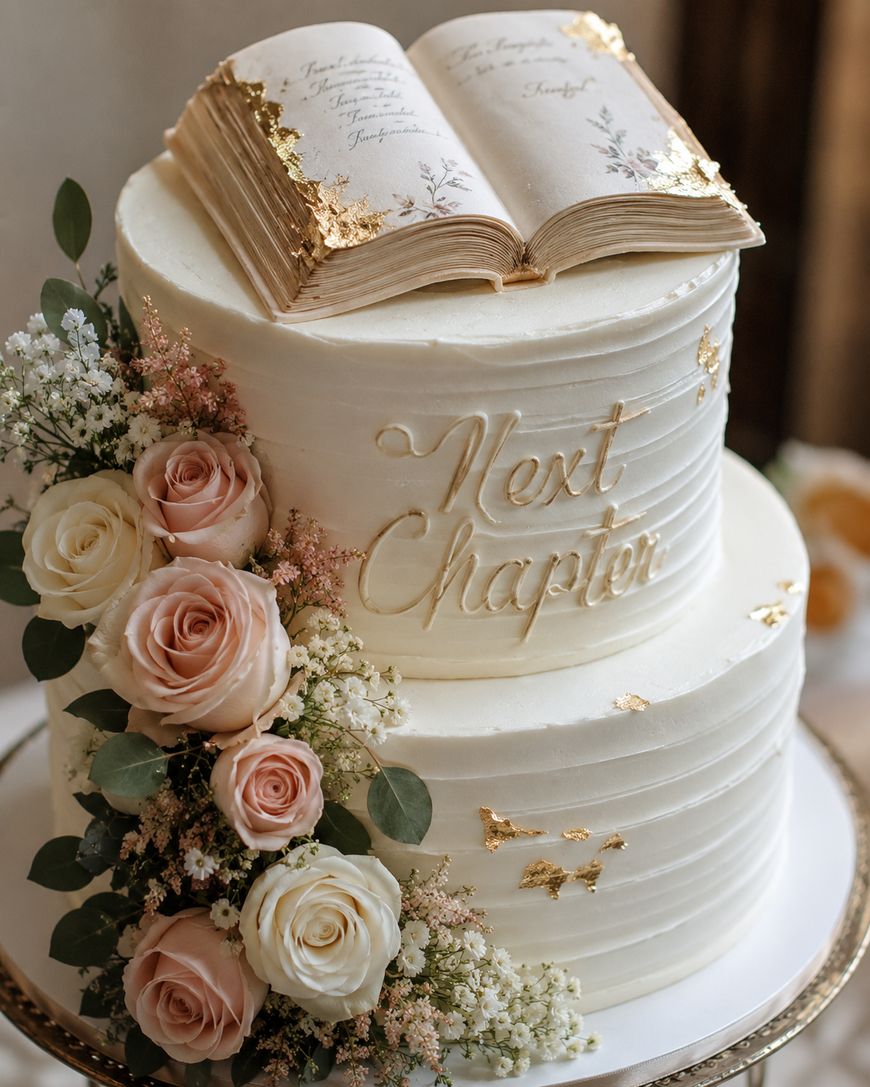 A white tiered cake decorated with gold leaf, pastel roses, and greenery, topped with an open book made of icing. The cake has Next Chapter written in gold lettering on the side.