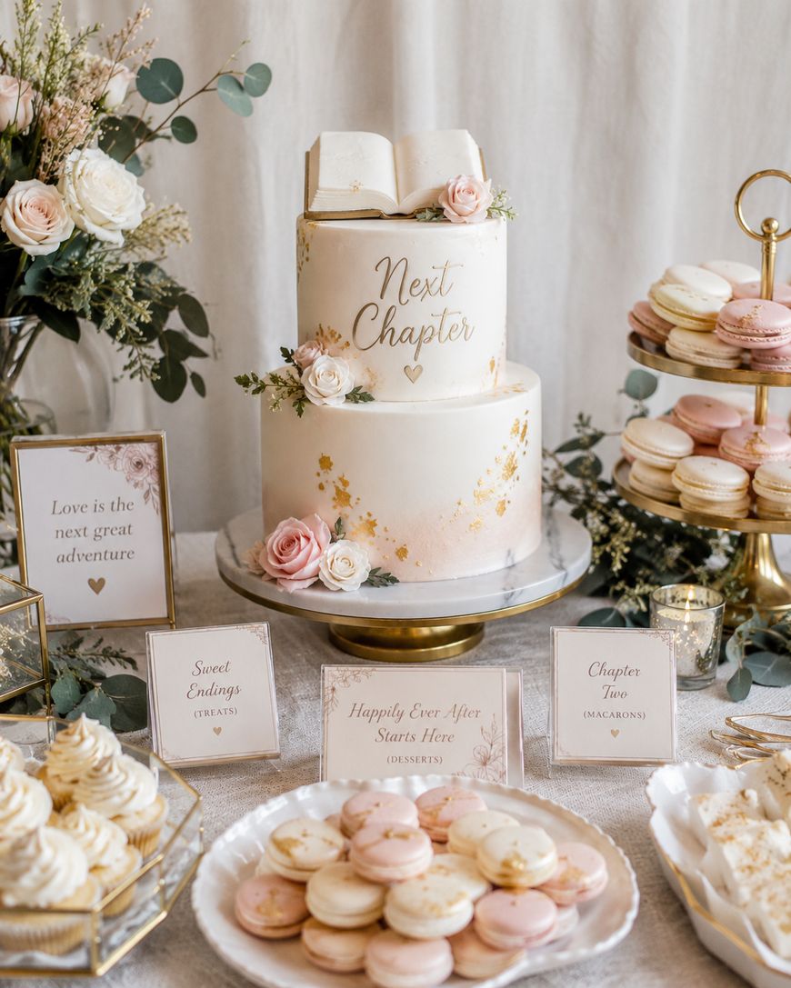 A two-tiered cake with Next Chapter and an open book topper is surrounded by pink and white macarons, cookies, roses, greenery, and decorative signs on an elegant dessert table.