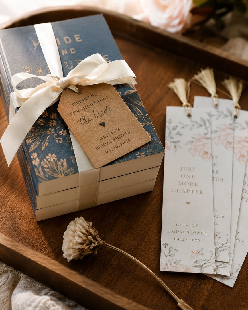 A stack of books tied with a cream ribbon and a tag reading Thanks for showering the bride, Olivia’s Bridal Shower 04.20.2023 beside three floral bookmarks on a wooden tray with a dried flower.