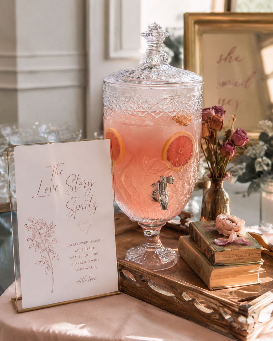 A glass beverage dispenser with pink punch and orange slices sits on a wooden tray next to a floral drink menu, vintage books, a small floral arrangement, and a framed sign reading she said yes.