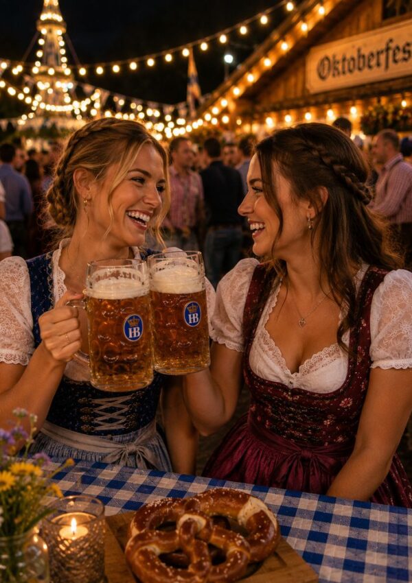 Two women in traditional dirndl dresses smile and clink large beer mugs at an outdoor Oktoberfest, enjoying a true Bavarian celebration with festive lights, a lively crowd, and a pretzel on the table in front of them.