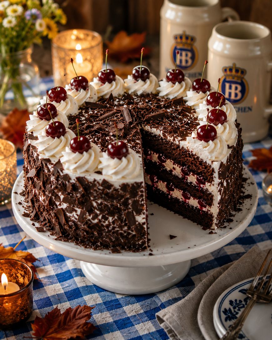 A Black Forest cake with whipped cream, cherries, and chocolate shavings sits on a white cake stand; one slice is missing. The scene includes candles, mugs, and autumn leaves on a blue checked tablecloth.