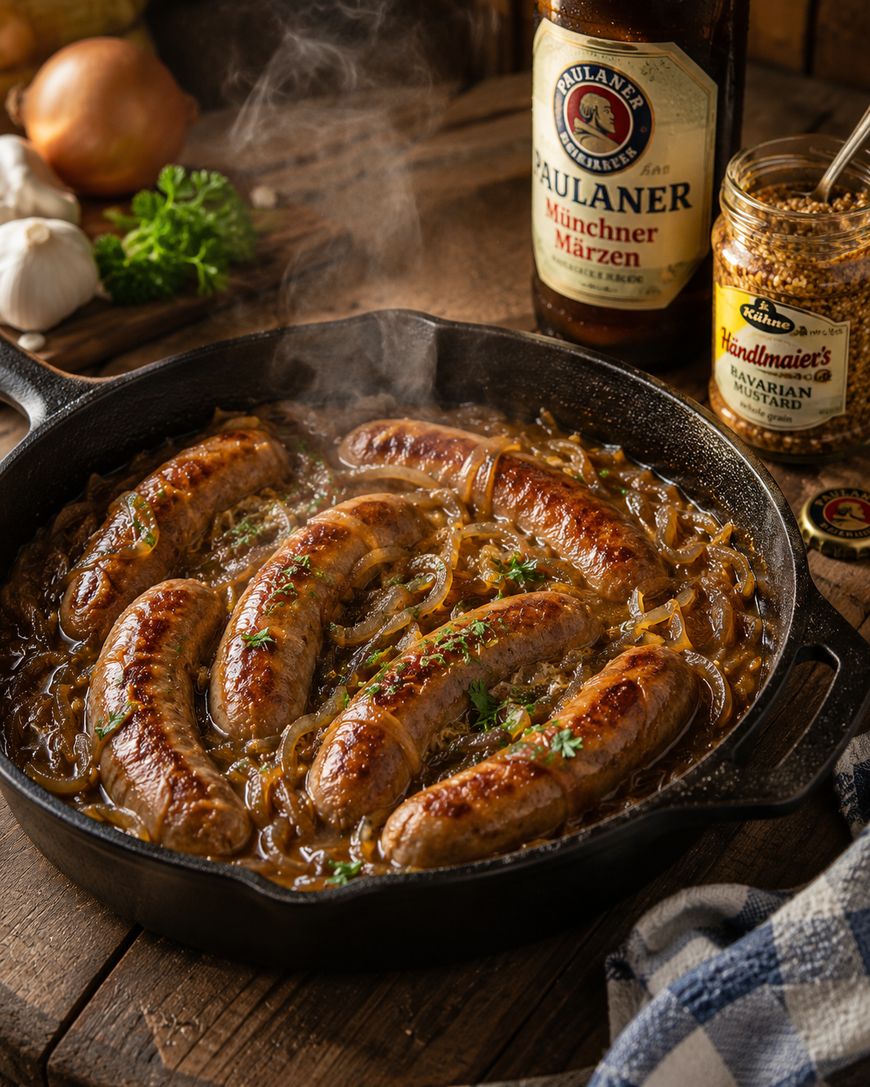 A cast iron skillet filled with browned sausages and caramelized onions, garnished with herbs. Nearby are a bottle of Paulaner Münchner Märzen beer, a jar of Bavarian mustard, garlic, onions, and parsley. Steam rises from the hot dish.