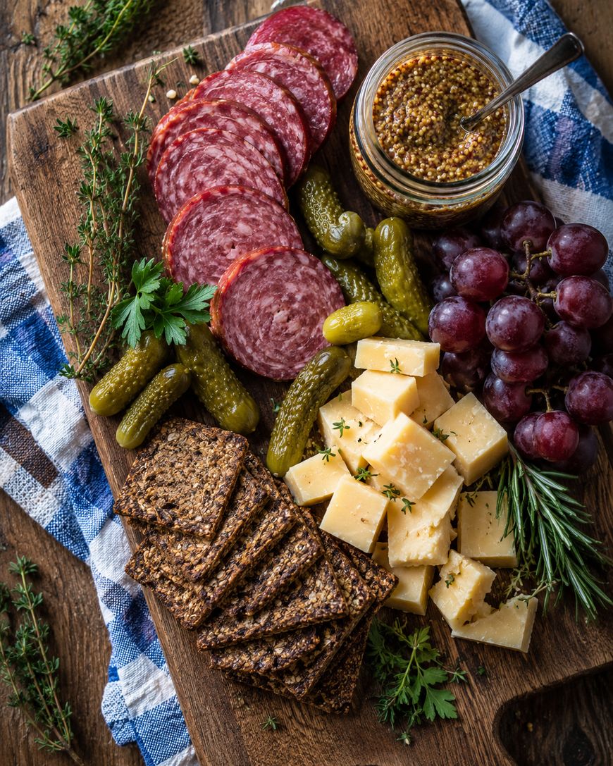A wooden board with sliced salami, cheddar cheese cubes, pickles, seed crackers, red grapes, fresh herbs, and a jar of grainy mustard, set on a checkered cloth.