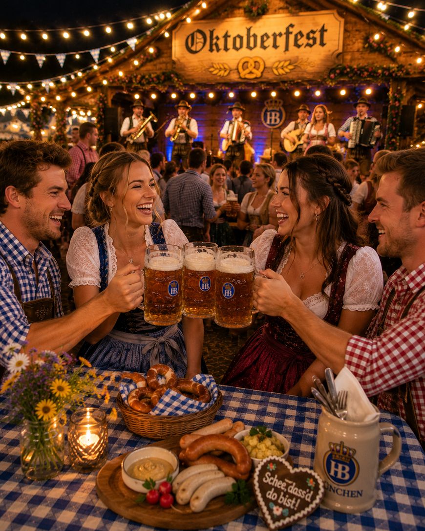 Four people in traditional Bavarian attire toast large beer mugs at an Oktoberfest celebration, sitting at a table with sausages and pretzels. A live band performs on a decorated, illuminated stage in the background.