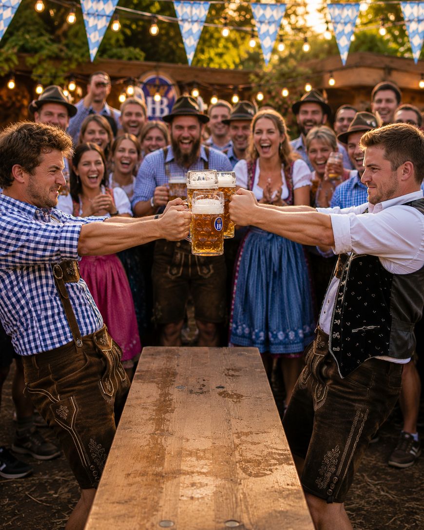 Two men in traditional Bavarian clothing cheerfully clink large beer mugs across a wooden table at an outdoor festival, surrounded by smiling people in festive attire under string lights and blue-white pennant banners.
