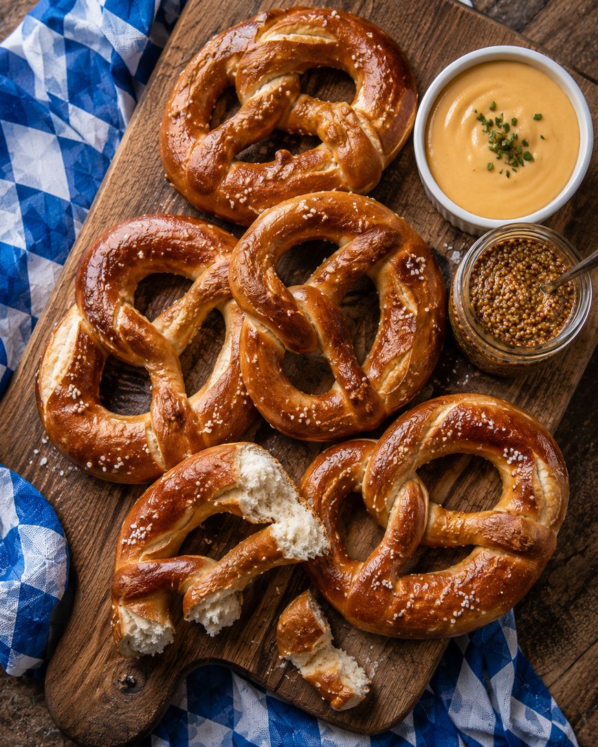 Six salted soft pretzels on a wooden board with a cup of cheese dip and a jar of whole grain mustard; a blue and white cloth is nearby. One pretzel has a bite taken out.
