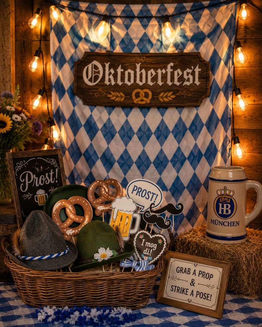 A festive Oktoberfest setup features blue and white checkered decor, a wooden Oktoberfest sign, glowing string lights, hats, pretzels, mugs, props, and a large beer stein with HB München on a rustic table.