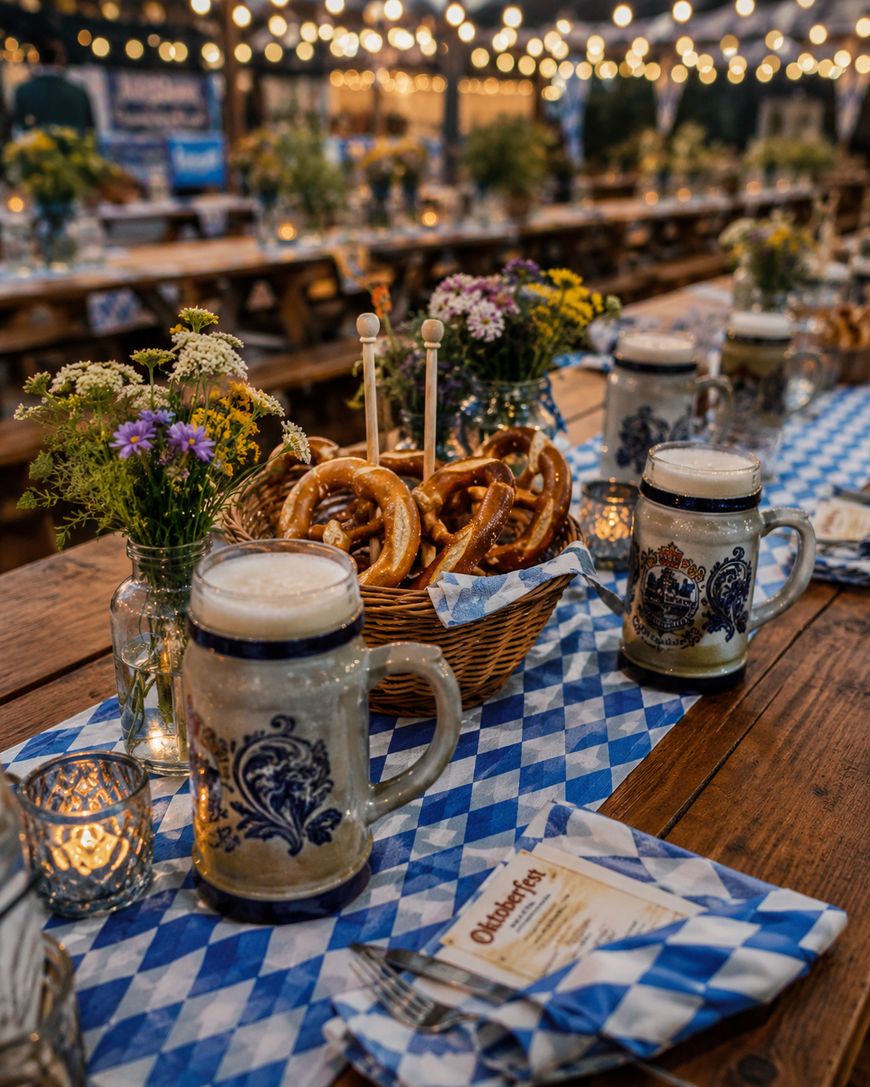 A festive table decorated with a blue and white checkered cloth displays beer steins, a basket of pretzels, wildflower bouquets, candles, and Oktoberfest menus, with string lights hanging above.