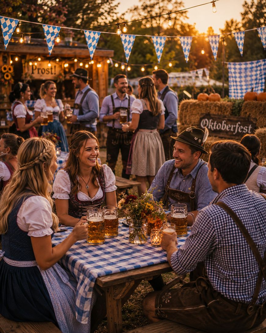 People in traditional Bavarian attire sit at a checkered table outdoors, enjoying large mugs of beer during an Oktoberfest celebration with festive lights, bunting, and a hay bale reading Oktoberfest in the background.