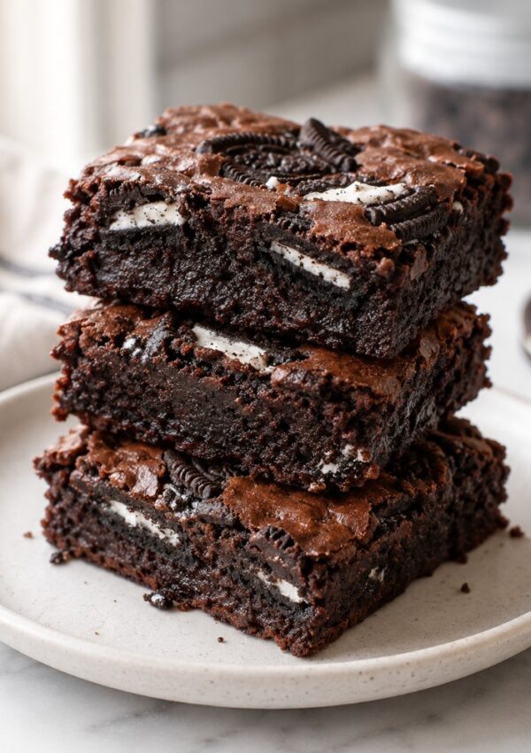 Three thick, fudgy brownies made with an Oreo brownies recipe are stacked on a white plate, featuring cookie pieces inside, a rich, moist texture, and glossy tops.