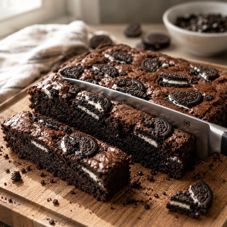 A chocolate brownie slab topped with halved sandwich cookies is being sliced with a knife on a wooden board. Crumbs are scattered around, and a bowl of cookies is in the background.