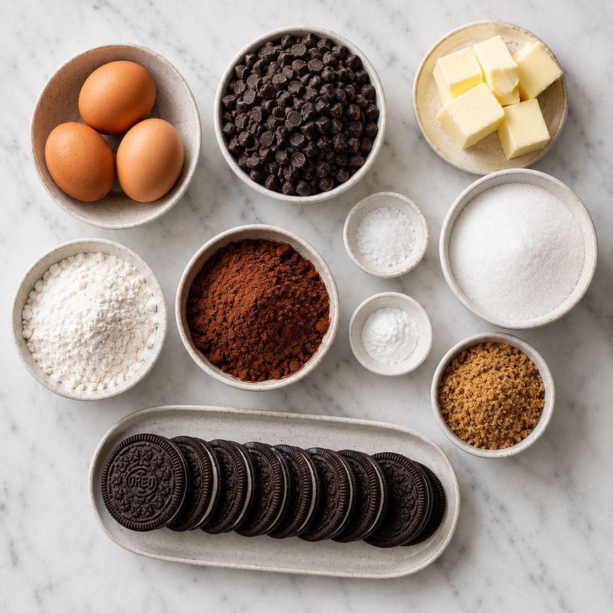 Bowls of baking ingredients on a marble surface, including eggs, chocolate chips, butter, flour, cocoa powder, sugar, brown sugar, baking powder, and a plate of Oreo cookies.