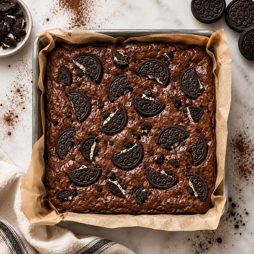 A square baking pan lined with parchment paper holds freshly baked brownies topped with crushed and halved chocolate sandwich cookies. Cookie crumbs and whole cookies are scattered on the marble surface nearby.