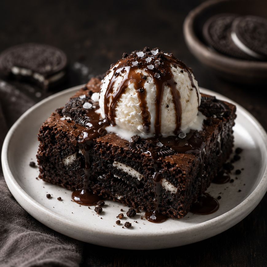 A chocolate brownie with cookies inside, topped with a scoop of vanilla ice cream, chocolate syrup, and sea salt flakes, served on a white plate with cookies in the background.