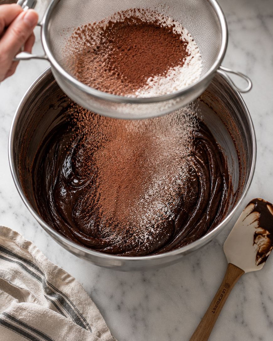 A hand is sifting cocoa powder and flour over a bowl of chocolate batter on a marble countertop, with a spatula covered in batter resting nearby and a striped kitchen towel to the side.