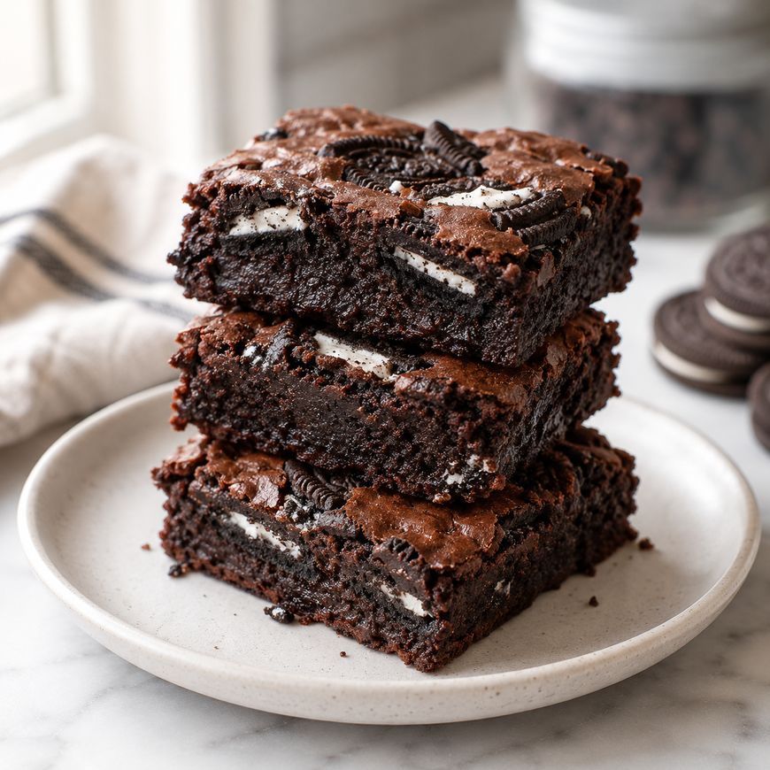 Three thick, fudgy brownies with Oreo cookie pieces inside are stacked on a white plate. More Oreo cookies are visible in the background on a white marble surface.