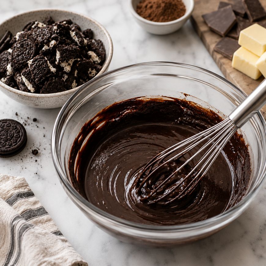 A glass bowl of chocolate batter being mixed with a whisk sits on a marble counter, surrounded by a bowl of crushed cookies, a plate of butter and chocolate, and a small bowl of cocoa powder.