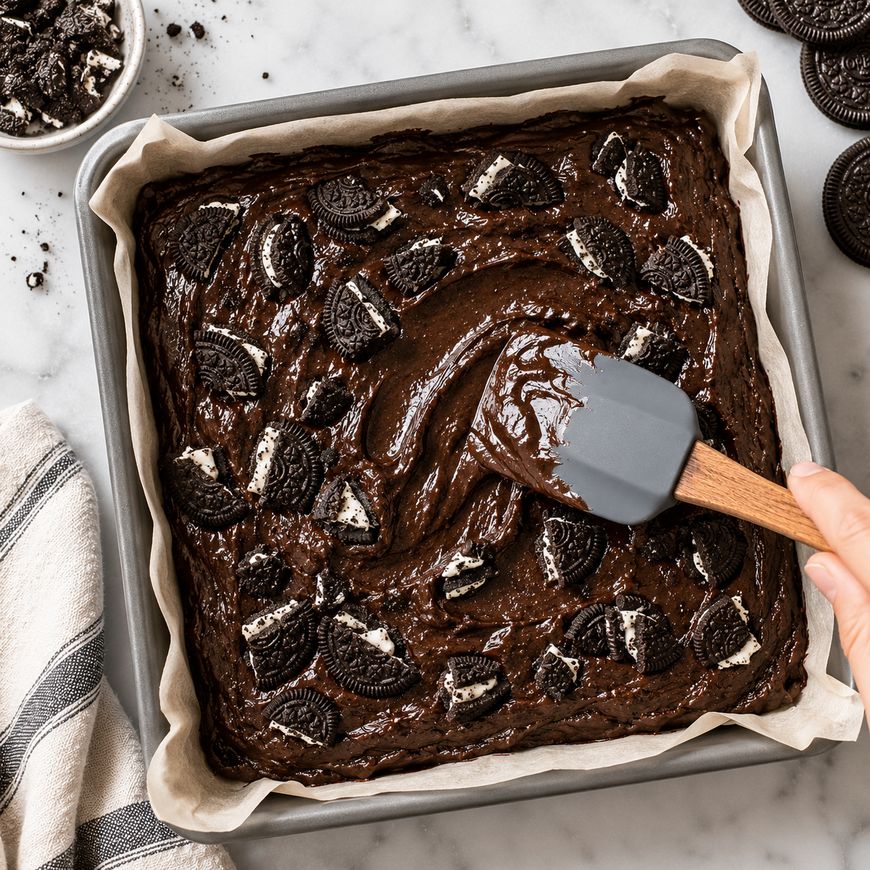 A hand uses a spatula to spread brownie batter topped with Oreo cookie pieces in a square baking pan lined with parchment paper. A bowl of crushed Oreos and whole cookies sit nearby on a marble countertop.