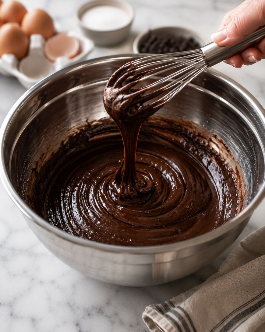 A hand holds a whisk lifting thick chocolate batter from a metal mixing bowl, with eggs, sugar, and chocolate chips blurred in the background on a marble countertop.