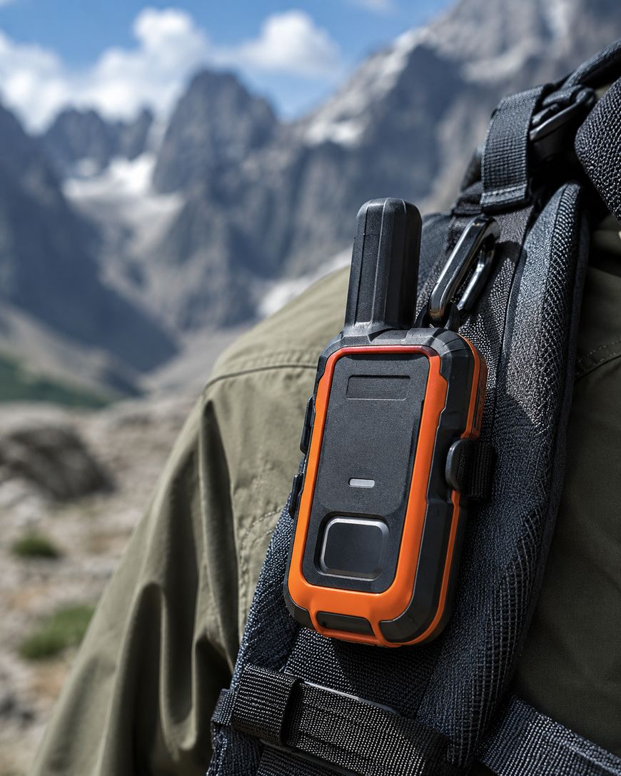 A rugged, orange-and-black walkie-talkie is clipped to the strap of a hiker’s backpack, with a mountainous landscape and blue sky visible in the blurred background.