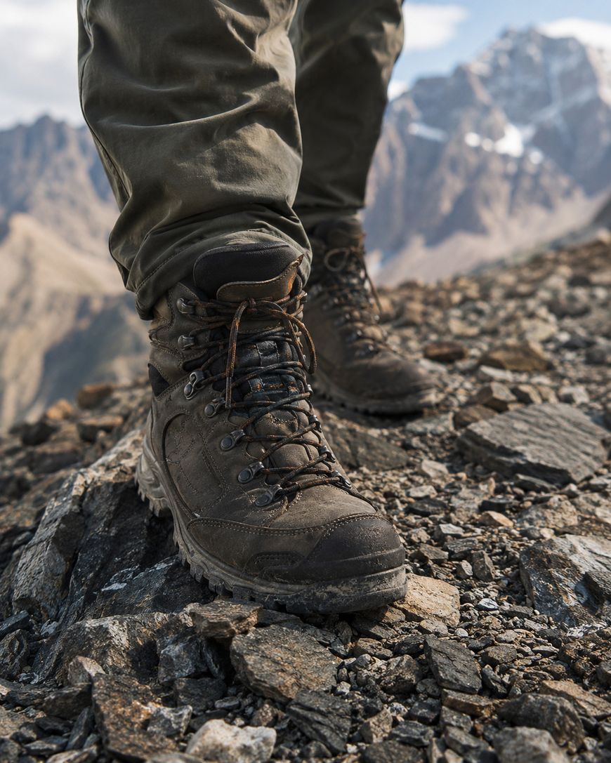 A close-up of a person wearing brown hiking boots and green pants, standing on rocky terrain with tall, snow-capped mountains blurred in the background.