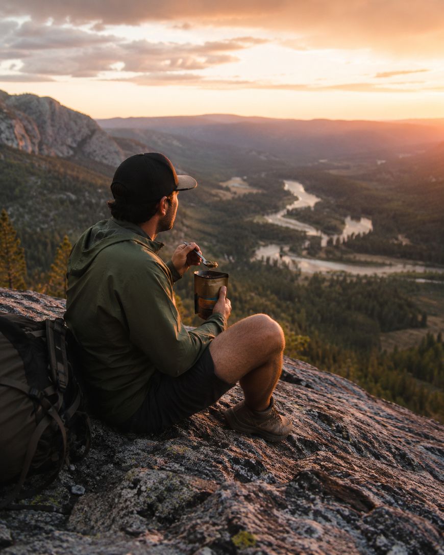A person in outdoor clothing sits on a rocky ledge, eating from a container while overlooking a scenic valley with a winding river, forest, and distant mountains at sunset.