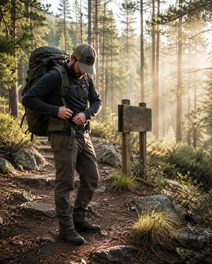 A hiker wearing a large backpack and cap adjusts his gear on a forest trail in the morning sunlight, surrounded by trees and rocks, with a blank wooden sign nearby.