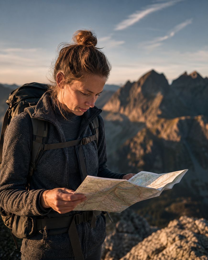 A woman with a backpack stands on a mountain, reading a map. She wears a gray jacket and has her hair in a bun. Rocky peaks and rugged terrain are visible in the background under a clear sky.