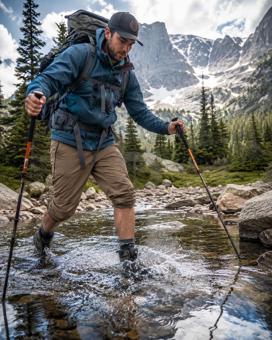 A man wearing outdoor gear and a backpack uses trekking poles to cross a shallow stream in a mountainous forest, with snow-capped peaks and pine trees in the background.