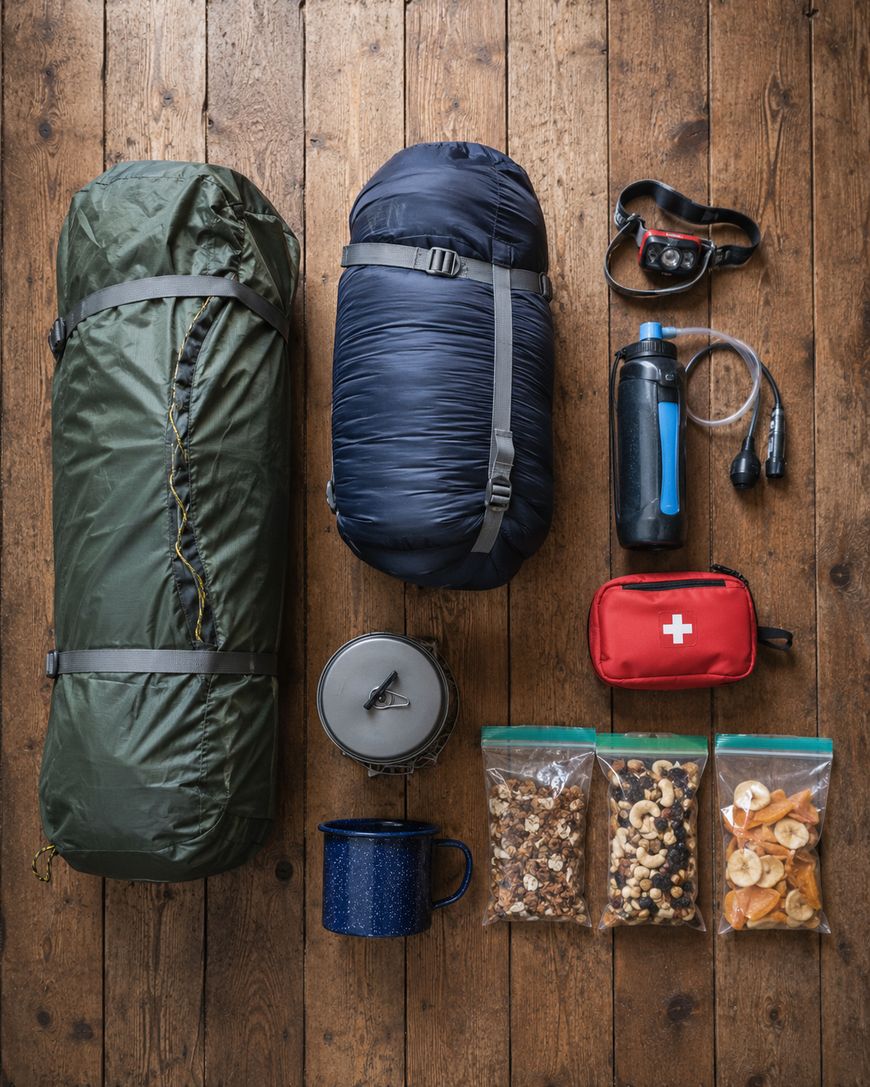 Camping gear arranged on a wooden floor, including a green rolled tent, a blue sleeping bag, a headlamp, water bottle with filter, pot, mug, first aid kit, and three plastic bags of trail mix and dried fruit.