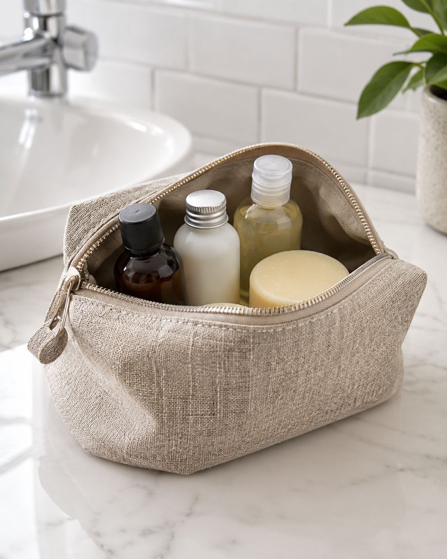 A beige toiletry bag with a zipper is open on a bathroom counter, revealing small bottles of toiletries and a round soap inside. A sink and a potted plant are visible in the background.