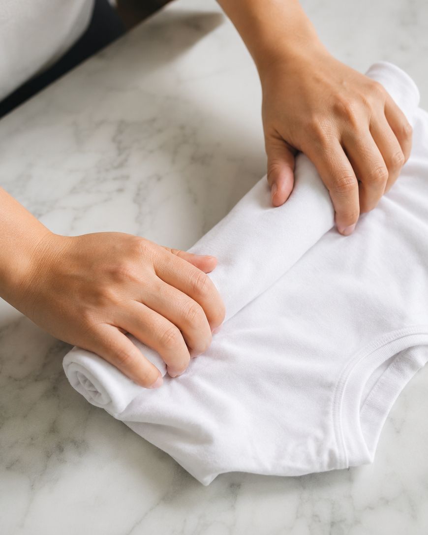 Two hands are neatly rolling a white t-shirt on a marble surface, demonstrating a method for folding clothes.