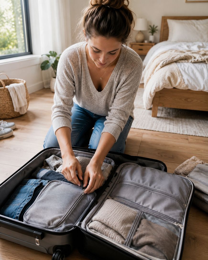 A woman kneels on a wooden floor in a bedroom, packing clothes into a large open suitcase. The room has a neatly made bed, a window with sunlight, and a woven basket in the corner.