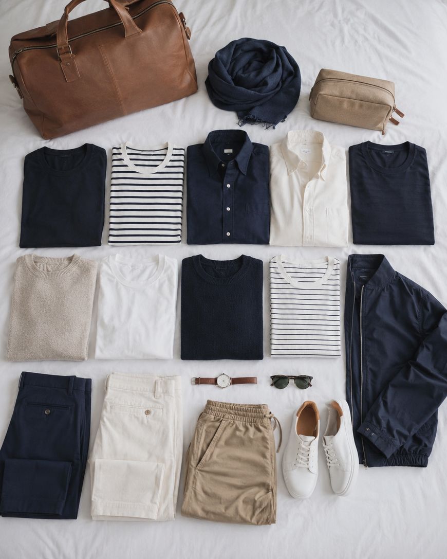 A flat lay of neatly arranged clothing and accessories, including a brown duffel bag, scarf, toiletry bag, shirts, sweaters, pants, shorts, watch, sunglasses, white sneakers, and a navy jacket on a white surface.