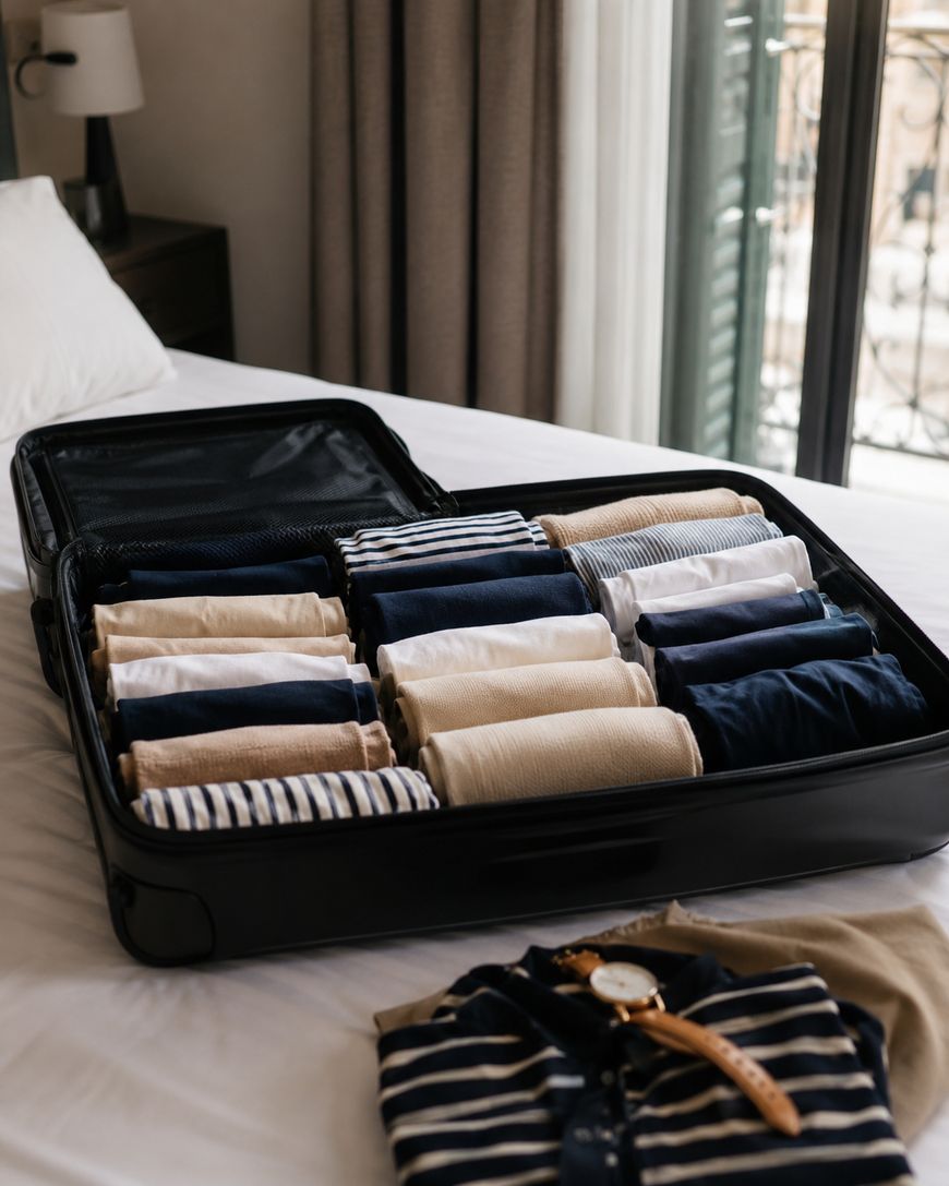 An open suitcase neatly packed with rolled clothes in organized rows sits on a bed near a window; a striped shirt and a watch lie beside it on the white bedspread.