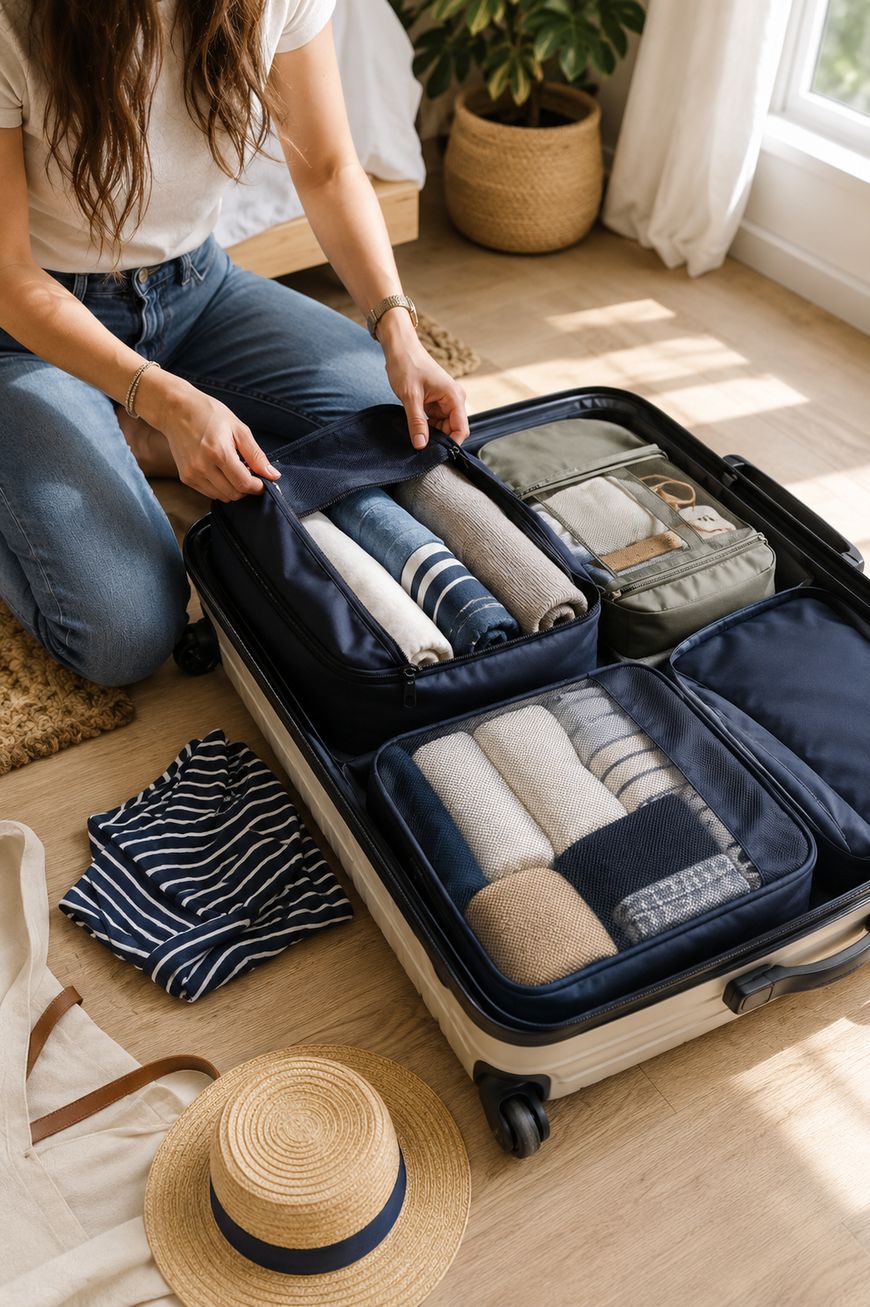 A woman sits on the floor packing a suitcase with neatly rolled clothes in packing cubes. Striped clothing, a hat, and a tote bag are nearby. Sunlight streams in through a window, and a potted plant is in the background.
