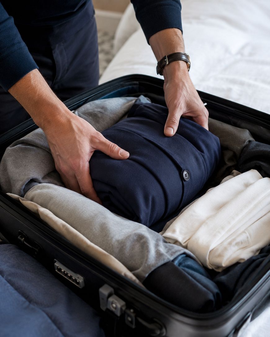 A person neatly packs folded clothes, including shirts and pants, into a black suitcase, preparing for travel. Only their hands and part of their torso are visible.