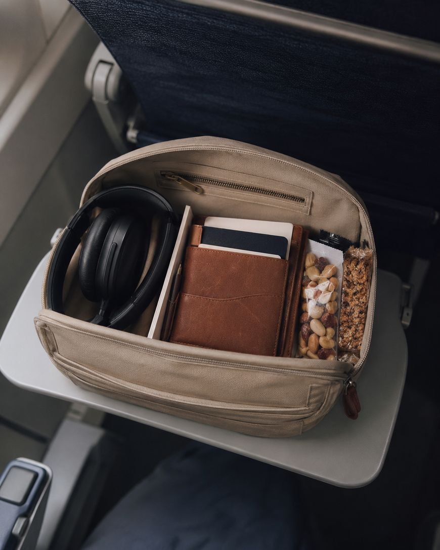 A beige travel bag on an airplane tray table, containing headphones, a brown notebook, a pen, a snack bar, and a pack of mixed nuts. A blue airplane seat and window are visible in the background.