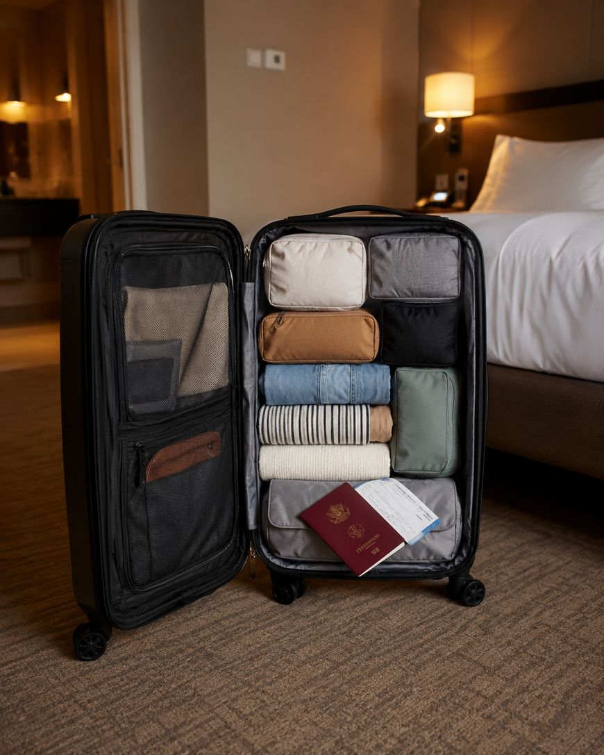 An open suitcase neatly packed with clothing, pouches, and travel essentials sits on the floor of a hotel room beside a bed. A passport and boarding pass are placed on top of the packed items.