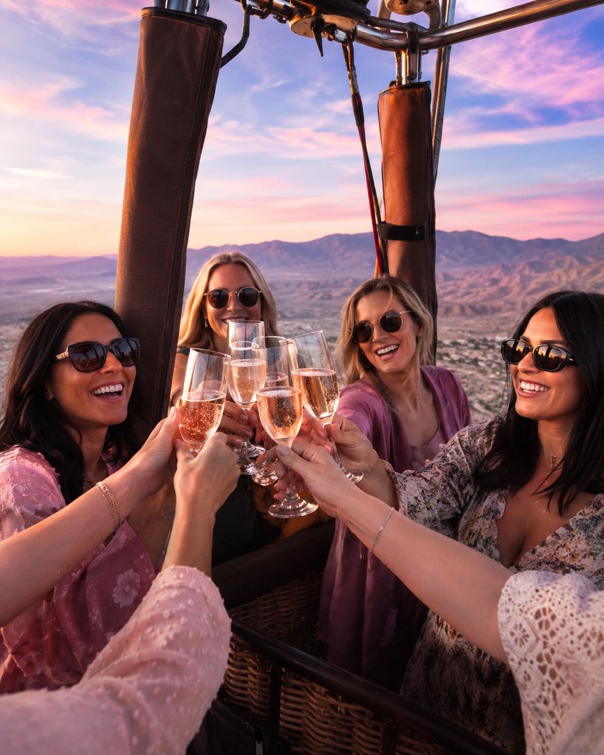 Four women in sunglasses raise glasses of champagne and smile while standing in a hot air balloon basket, with scenic mountains and a colorful sunset sky in the background.