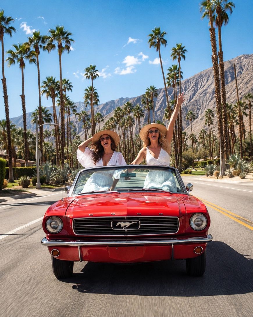 Two women in sun hats and sunglasses ride in a red vintage convertible Mustang, smiling and raising their arms, driving down a palm tree-lined road with mountains in the background under a blue sky.