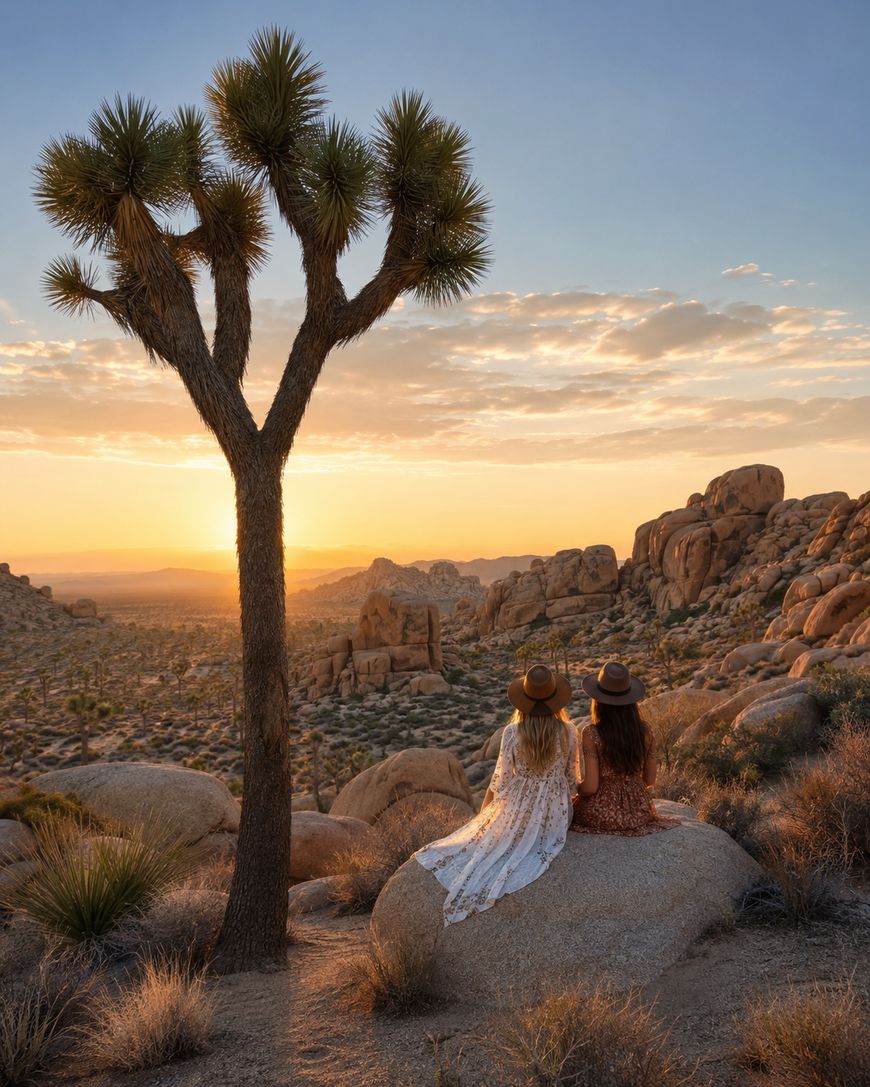 Two women in hats sit on a rock under a Joshua tree, overlooking a desert landscape with rocky formations at sunset, enjoying the scenic view and warm light.