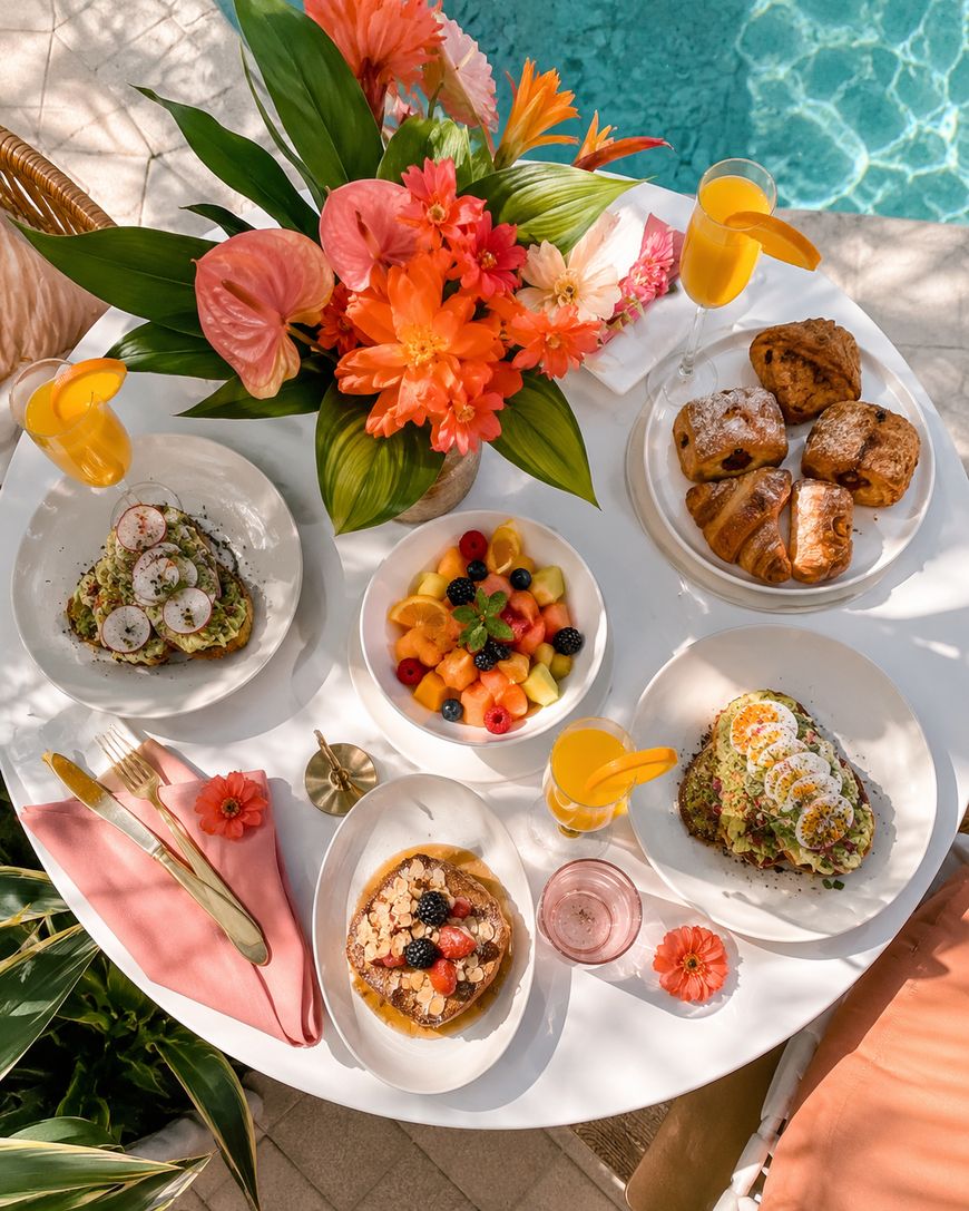 A round table by a pool is set with avocado toast, fruit salad, pastries, a berry-topped pancake, orange juice, pink flowers, and gold cutlery, creating a colorful and inviting brunch scene.