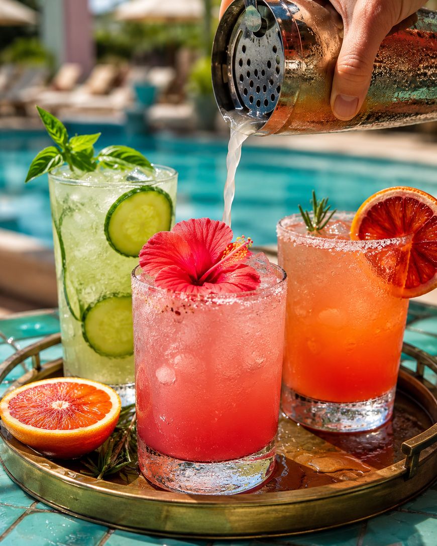 Three colorful cocktails garnished with herbs, citrus slices, and a hibiscus flower sit on a tray by a pool. A hand pours liquid from a shaker into one glass; fresh orange and rosemary are also on the tray.