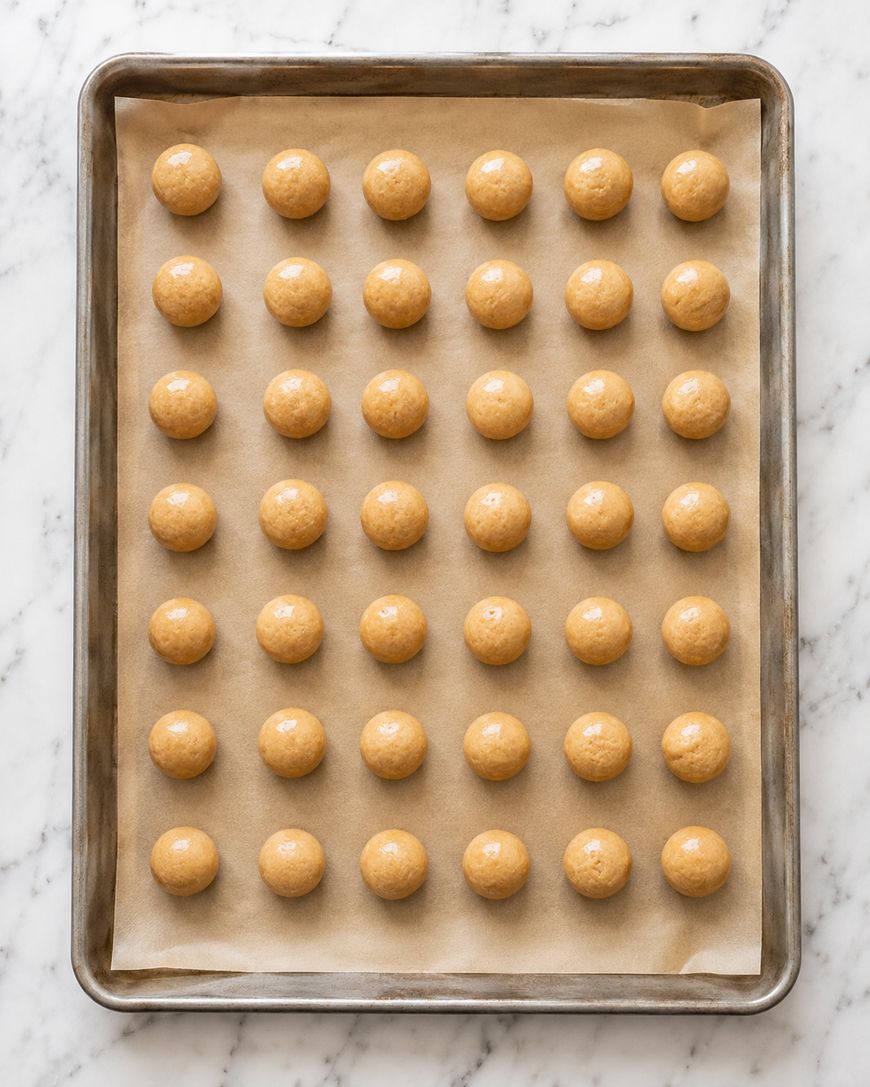 A baking tray lined with parchment paper holds evenly spaced rows of round, unbaked cookie dough balls on a marble surface.