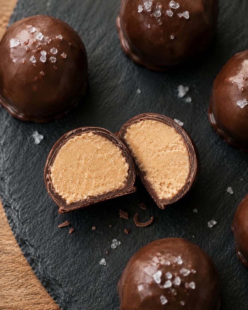 Round chocolate truffles with a light brown peanut butter filling, some whole and one cut in half, are arranged on a dark slate surface and sprinkled with coarse sea salt.