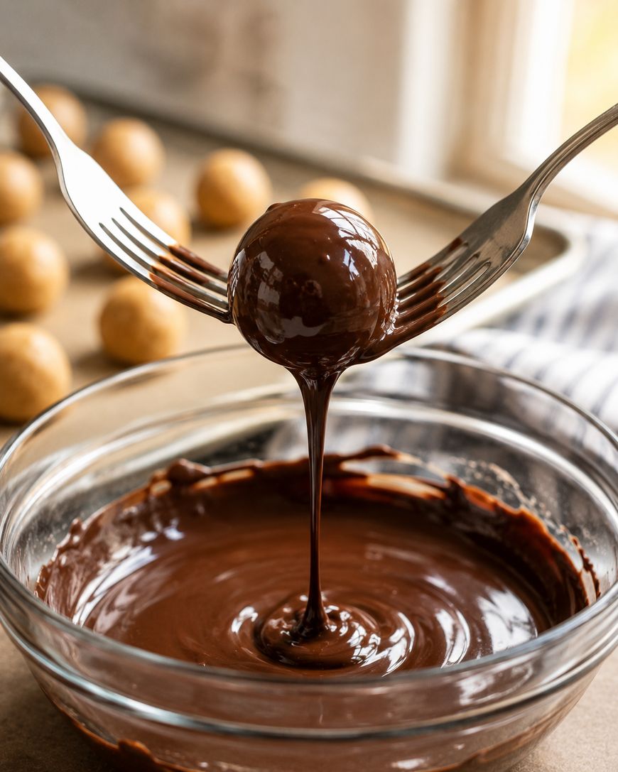 A chocolate-covered ball is held by two forks above a glass bowl of melted chocolate, with more undipped balls blurred in the background on a baking tray.